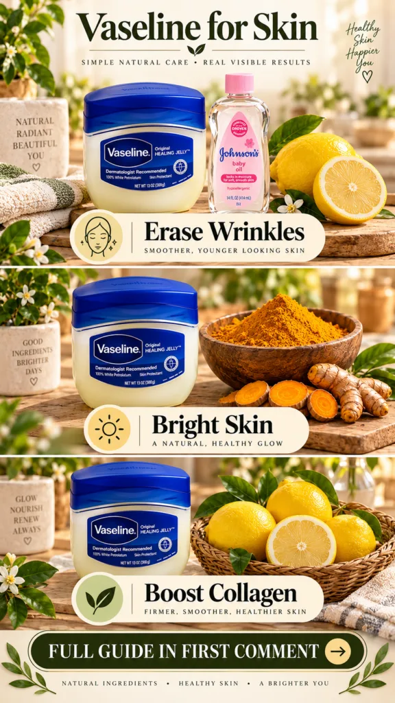 A multi-sectioned product advertisement showcasing Vaseline Healing Jelly Johnson s Baby Oil lemons turmeric green folia