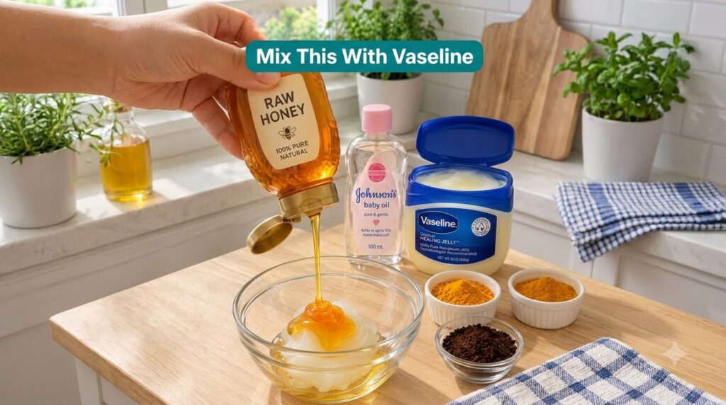 A hand pouring honey into a bowl with petroleum jelly surrounded by baby oil turmeric and coffee grounds on a kitchen co