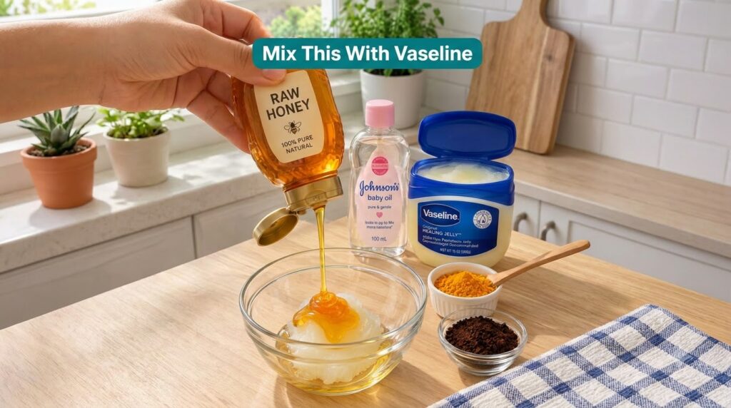 Ingredients for a DIY skin mix laid out on a kitchen counter a jar of petroleum jelly a bottle of honey baby oil a small
