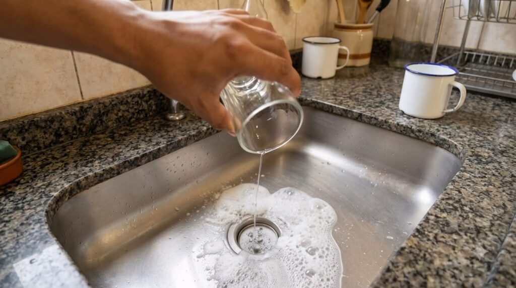 A hand pouring liquid from a clear glass into a foamy stainless steel kitchen sink with a granite countertop in the blur