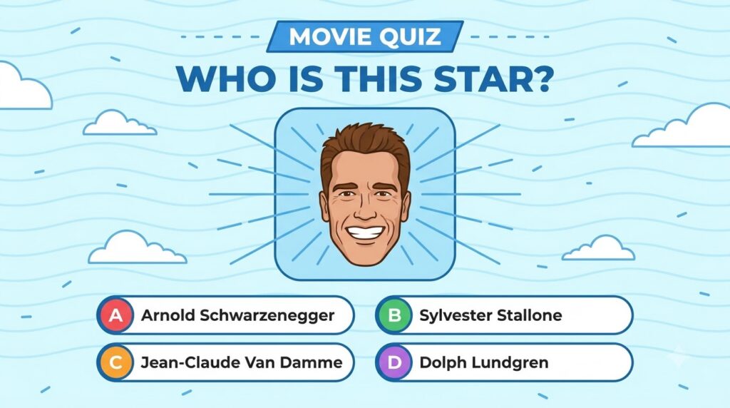 A stylized smiling head of Arnold Schwarzenegger with radiating light lines set against a soft wavy light blue and white