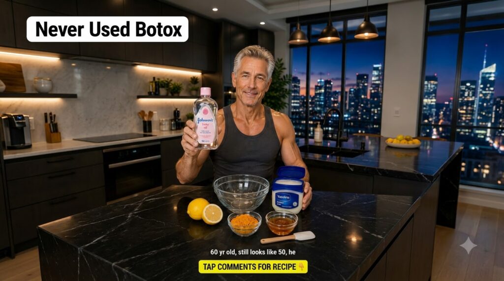 A smiling fit-looking man in a kitchen setting holding a bottle of Johnson s Baby Oil and a tub of Vaseline On the dark