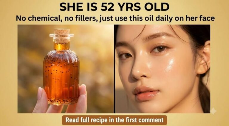 A hand holding a small glass bottle of amber oil with dark seeds next to a close-up of a woman s radiant face