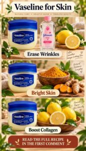 A small glass jar of Vaseline Healing Jelly next to a bowl of raw honey and a small bottle of sweet almond oil with a su