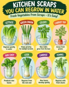 A collection of glass jars on a bright kitchen windowsill each containing a different vegetable scrap e g lettuce base c