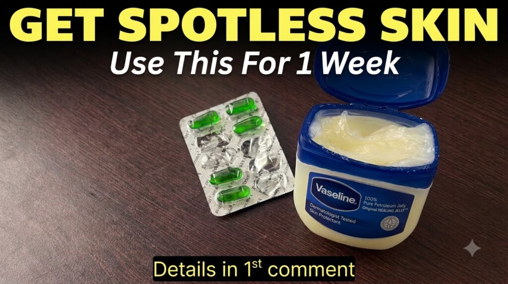 An open tub of Vaseline petroleum jelly next to green oval Vitamin E capsules on a dark surface
