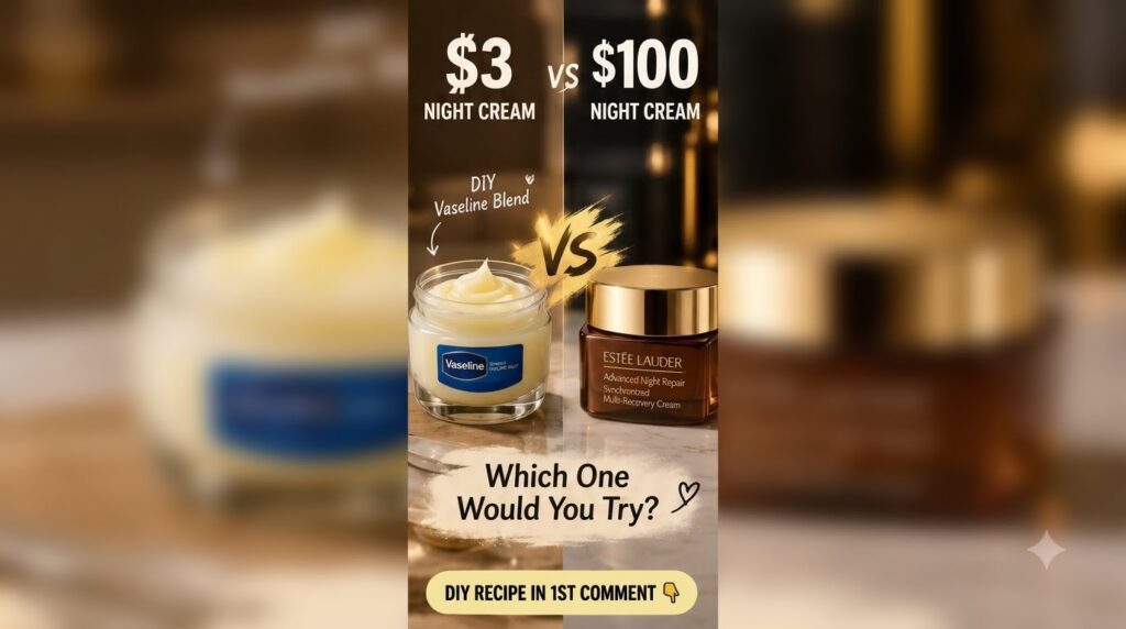 A split image showing a jar of DIY Vaseline night cream on one side and a jar of luxury night cream on the other with a