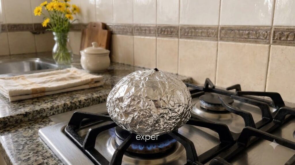 A potato wrapped in crinkled aluminum foil being heated directly on a blue gas flame on a kitchen stove burner