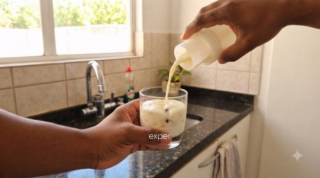 A hand pouring a thick pale yellow creamy liquid from a white pitcher into a clear glass already containing a chunky bas
