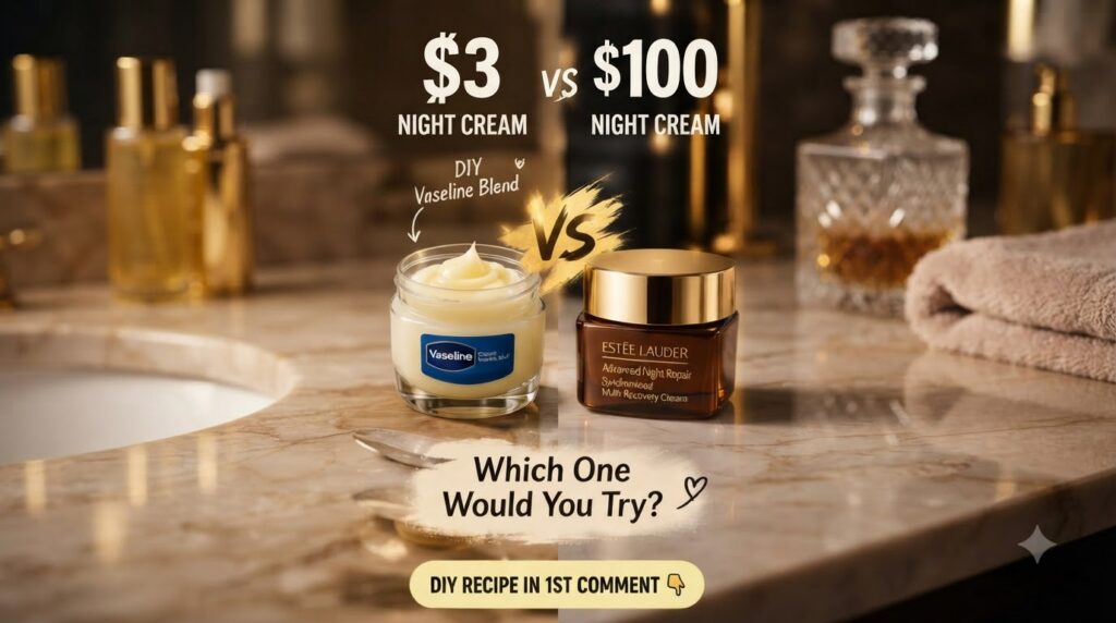 A side-by-side comparison of a small jar of homemade Vaseline night cream labeled 3 Night Cream and a luxury night cream