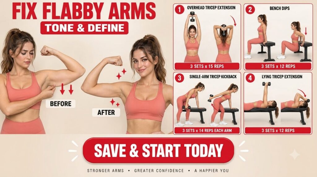 A fitness guide showing Before After arms and demonstrating four tricep exercises Overhead Tricep Extension Bench Dips S