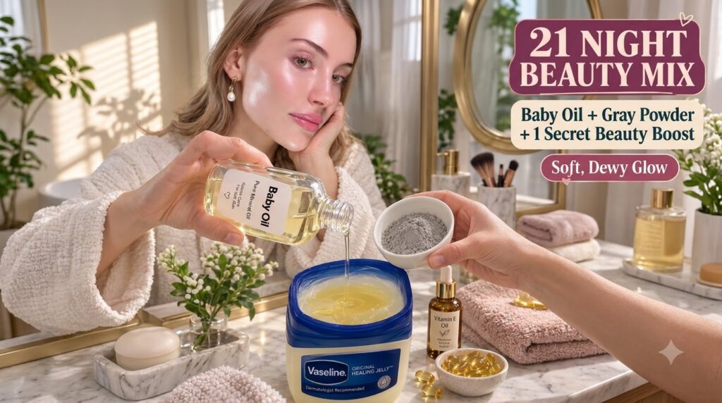 A woman with dewy skin looks towards the viewer while hands below prepare a beauty concoction Baby oil is being poured i