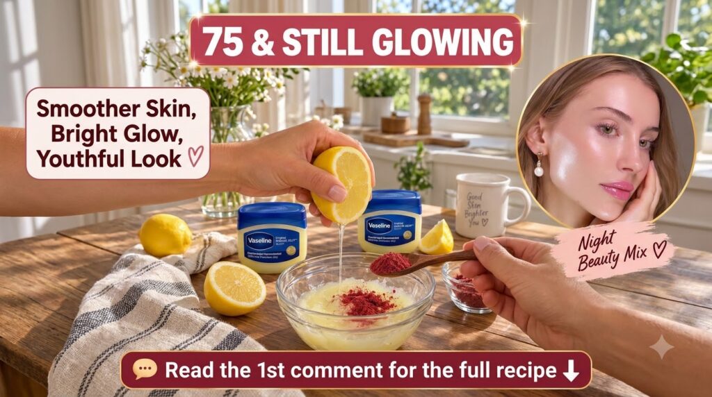 Close-up of hands preparing a DIY beauty mix in a bowl with two Vaseline jars lemon halves and a small bowl of red powde
