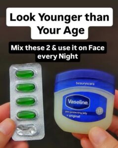 A jar of Vaseline with glowing skin in the background symbolizing youthful radiance