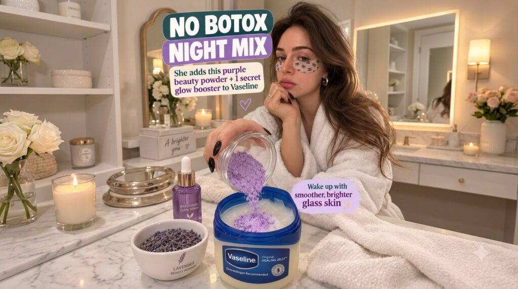 A woman in a bathrobe with eye patches is pouring purple lavender powder into a jar of Vaseline surrounded by other beau