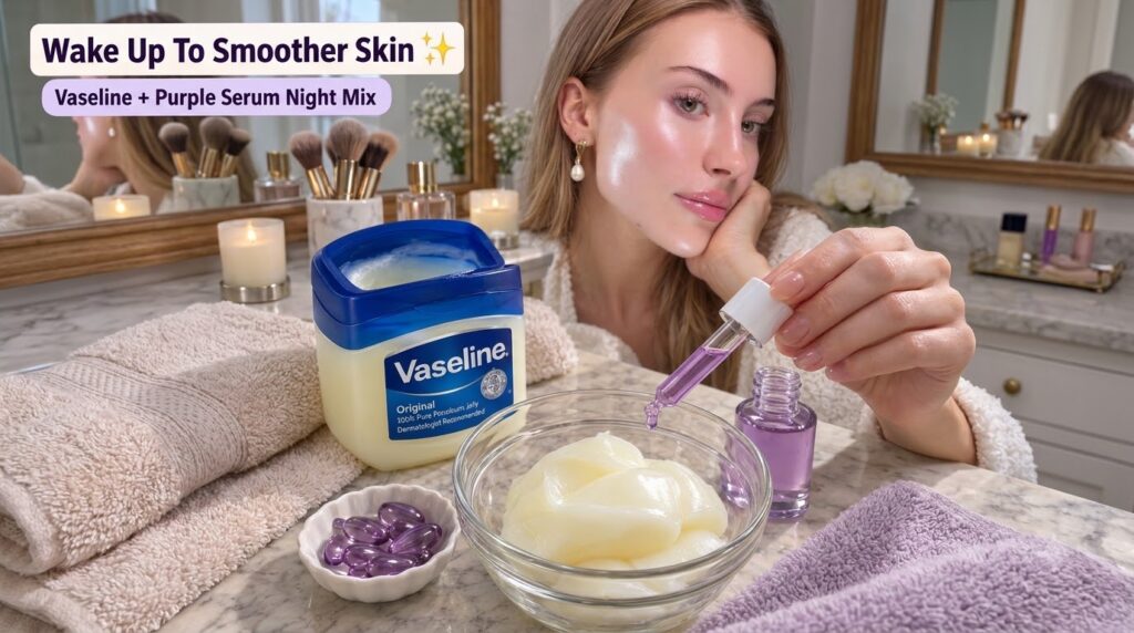 A woman with glowing skin showing a jar of Vaseline a bowl of petroleum jelly and a dropper with purple serum ready for 
