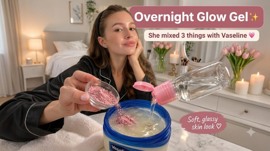 A young woman smiling with a DIY beauty project in progress In the foreground pink powder and clear liquid are being add