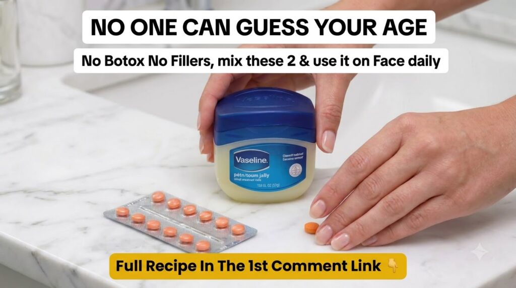 Hands holding a jar of Vaseline and small orange Vitamin E pills on a clean bathroom counter with a blister pack nearby