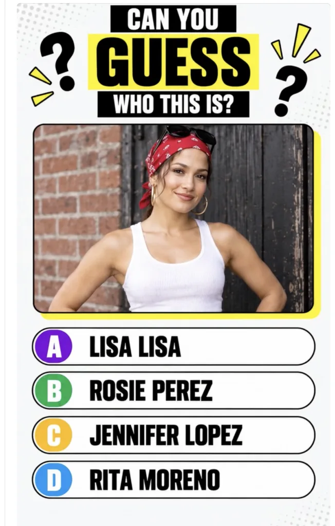 A quiz image asking CAN YOU GUESS WHO THIS IS featuring a woman resembling Jennifer Lopez in a white tank top red bandan