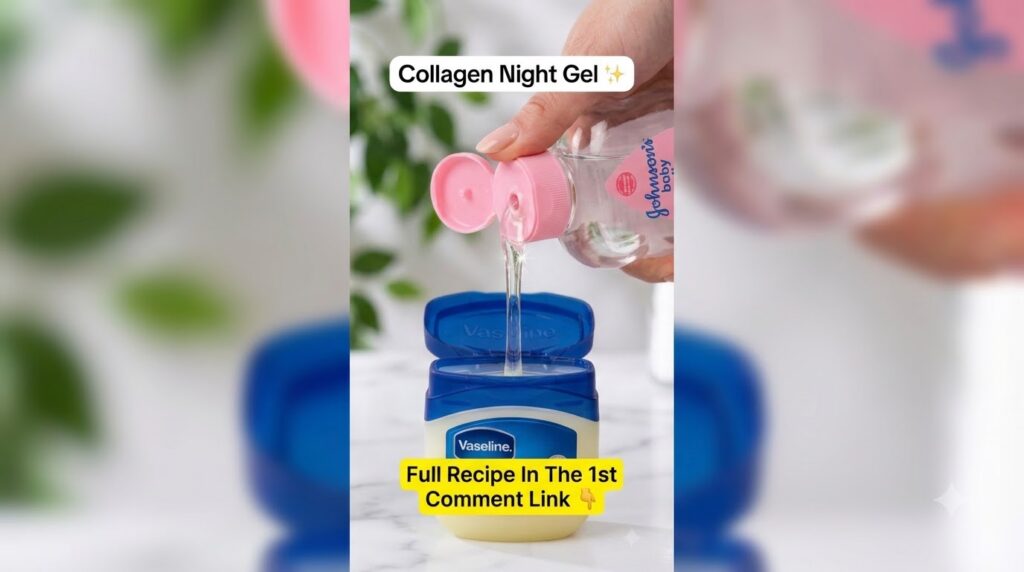 A hand pouring clear Johnson s baby oil from its iconic pink-capped bottle into an open blue-lidded Vaseline petroleum j
