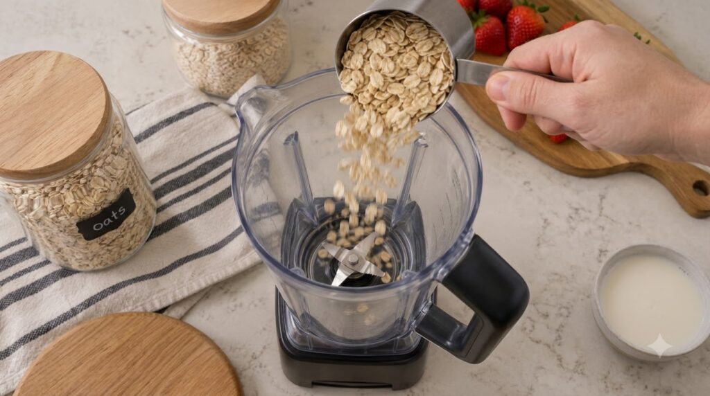 Overhead shot of dry rolled oats being poured from a stainless steel measuring cup into a clear blender carafe Some oats