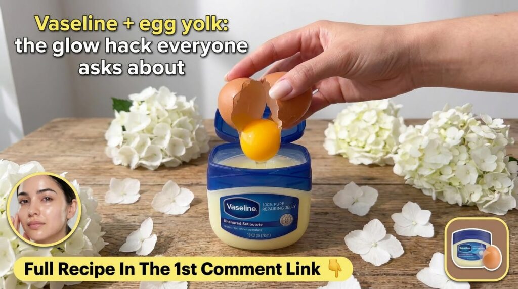 A close-up of a hand cracking an egg allowing the bright yellow yolk to drip into an open tub of Vaseline on a rustic wo