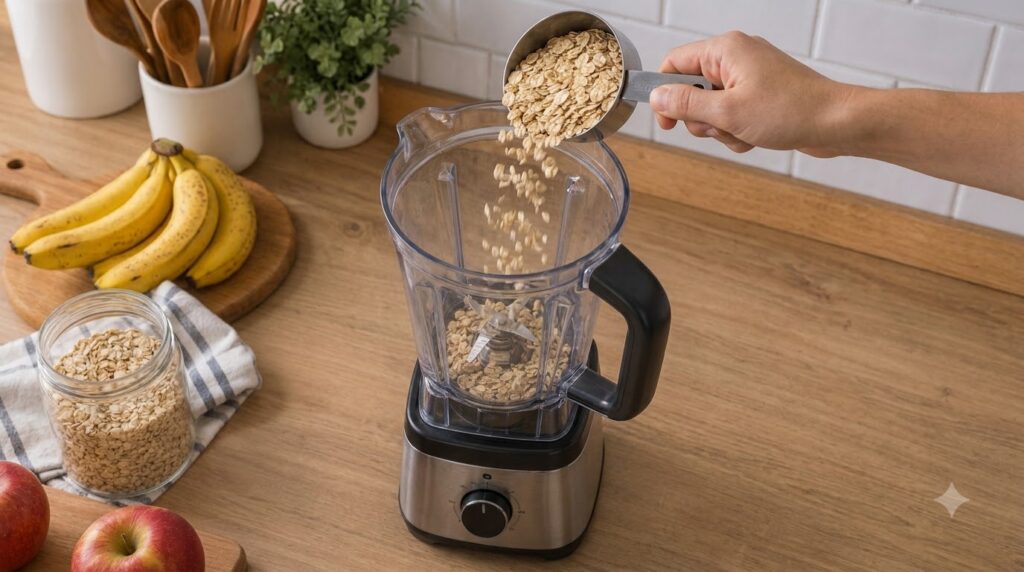 A top-down view of a kitchen counter with a blender Rolled oats are being poured into the blender from a measuring cup R