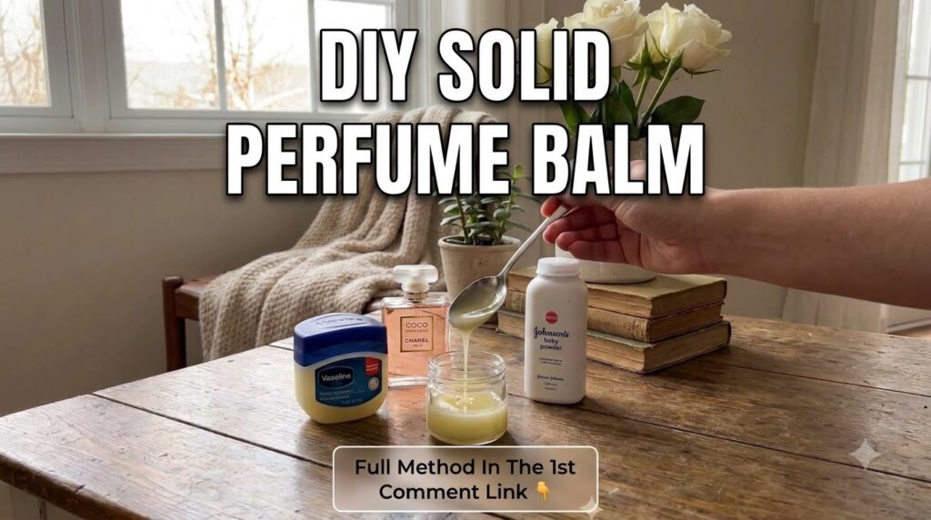 A hand holding a spoon pouring melted balm into a small glass jar with Vaseline a perfume bottle baby powder and a plant