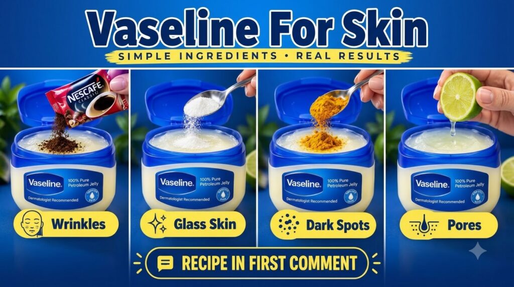 A 2x2 grid showing four different DIY skincare recipes using Vaseline with hands adding coffee grounds white powder turm