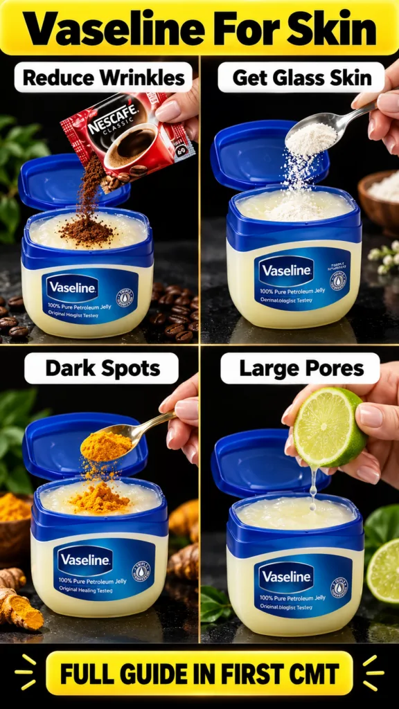 A 9 16 vertical collage showcasing four distinct DIY beauty hacks using Vaseline Petroleum Jelly Each quadrant features 