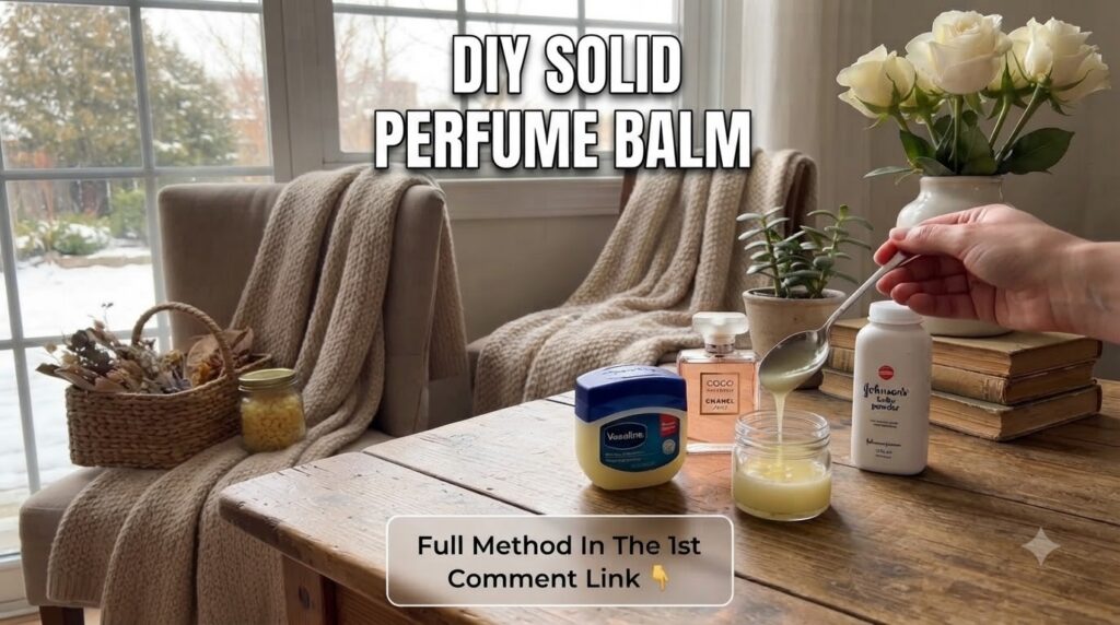 A hand pouring a viscous liquid from a spoon into a small glass jar surrounded by a container of Vaseline a perfume bott