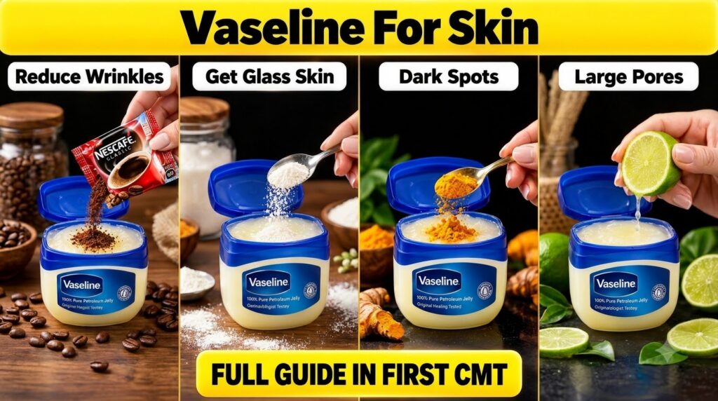 A grid of four DIY Vaseline skincare hacks Top left coffee grounds being poured into Vaseline Top right white powder ric