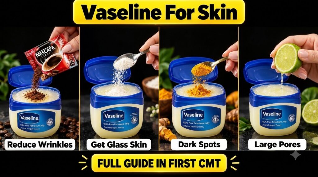 A vertical collage showcasing four different DIY beauty hacks using Vaseline and common household ingredients Each quadr