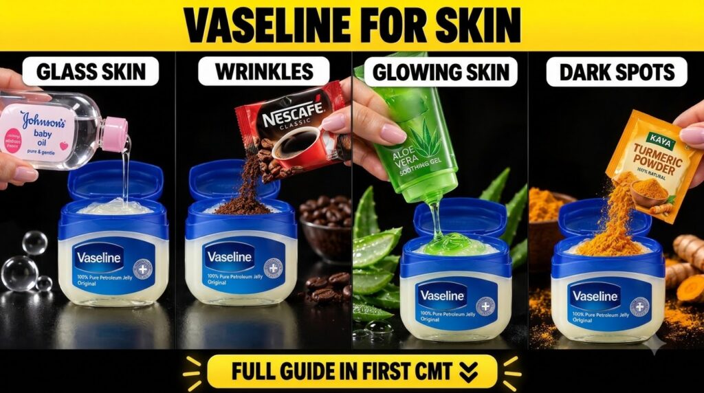 A four-panel grid showing hands mixing different natural ingredients baby oil coffee powder aloe vera gel turmeric powde