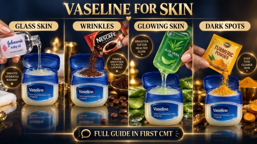 A 2x2 grid of four hands mixing different ingredients into Vaseline jars baby oil coffee powder aloe vera gel and turmer