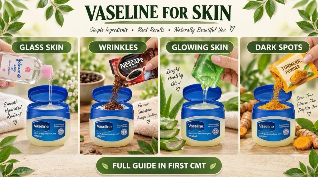 A four-panel grid showing hands preparing different Vaseline-based DIY skincare mixtures Each panel features a small Vas