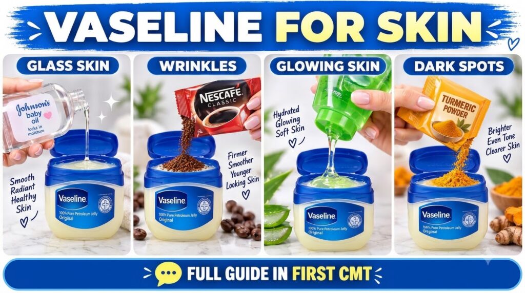 An infographic showing four DIY skincare hacks with Vaseline and other ingredients like baby oil coffee grounds aloe ver