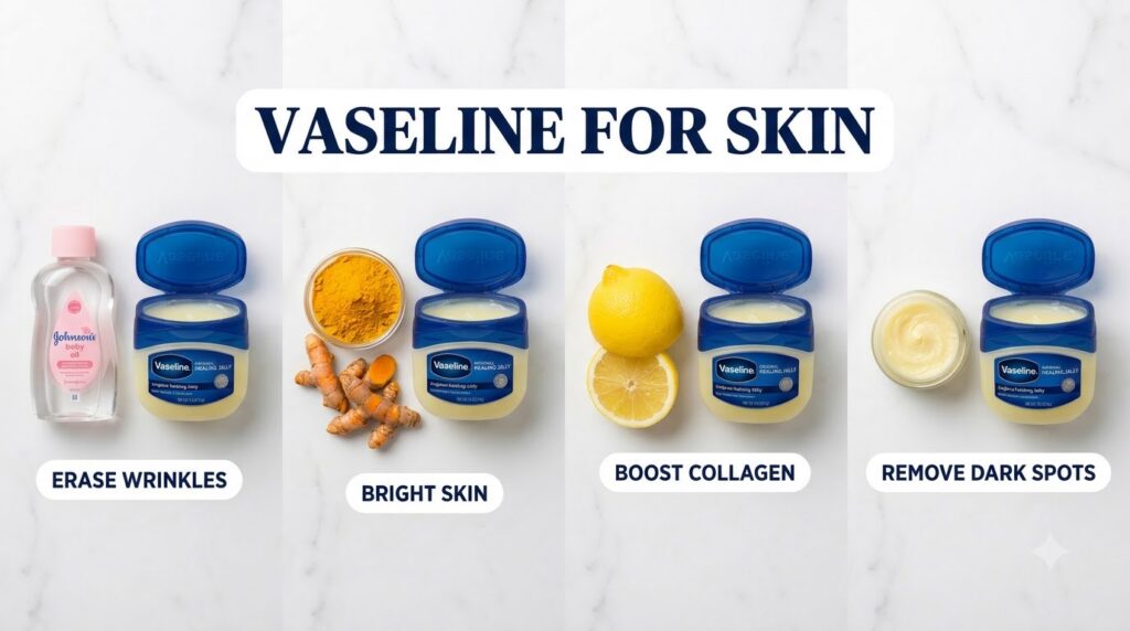A grid layout showcasing four skincare pairings with Vaseline Original Healing Jelly The pairings include Vaseline with 