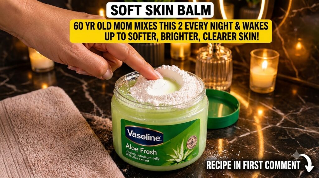 A finger pressing into a jar of Vaseline Aloe Fresh petroleum jelly topped with a layer of white powder with a warm blur
