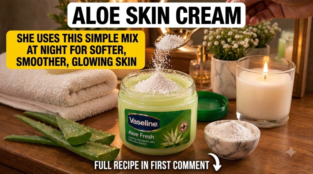 A jar of Vaseline Aloe Fresh petroleum jelly with a golden spoon pouring white powder into it alongside fresh aloe vera 
