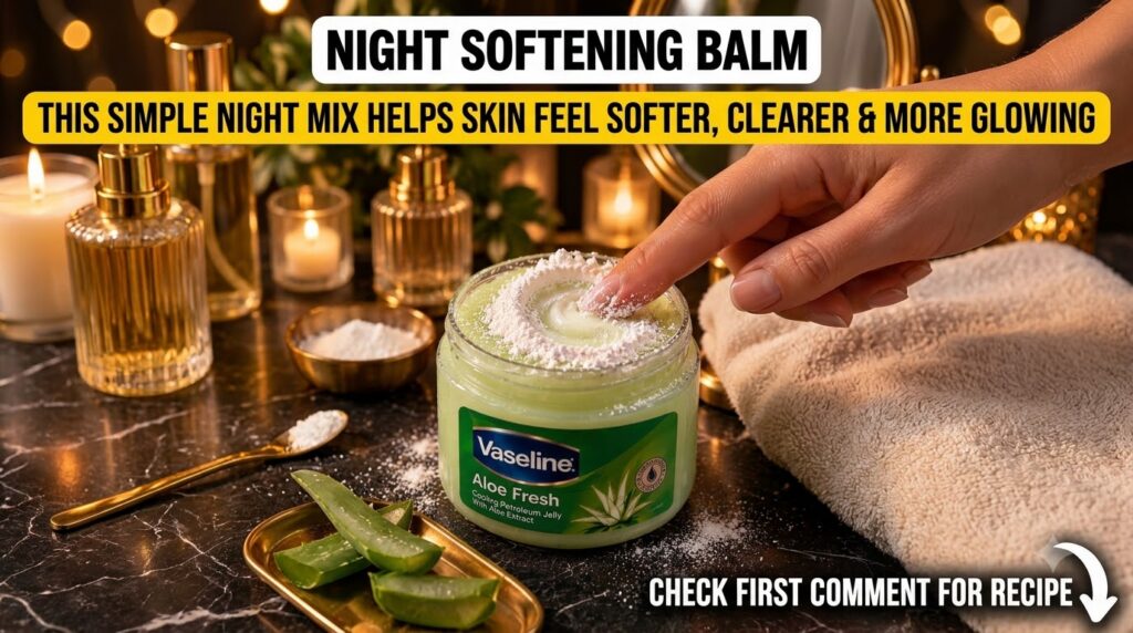 A hand gently resting a finger in a jar of Vaseline Aloe Fresh with white powder sprinkled on top alongside sliced aloe 