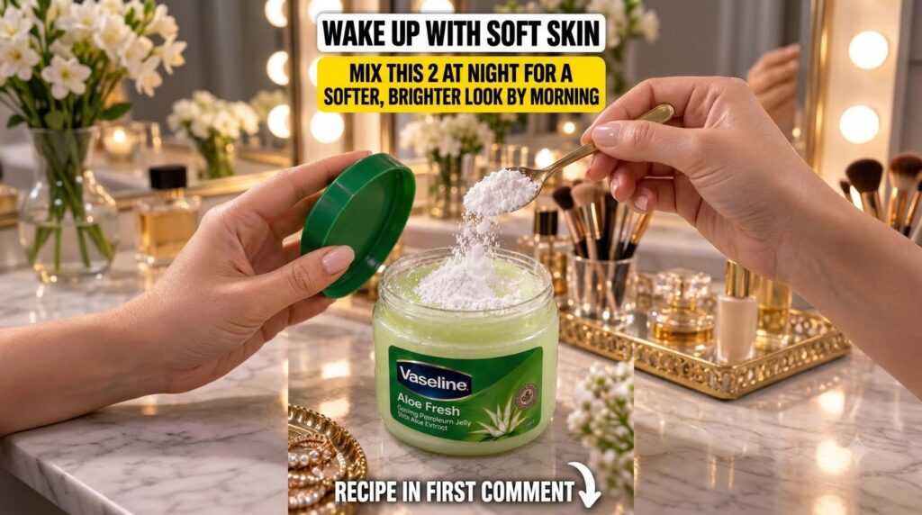 Close-up of hands adding white rice flour from a golden spoon into an open jar of Vaseline Aloe Fresh petroleum jelly Th