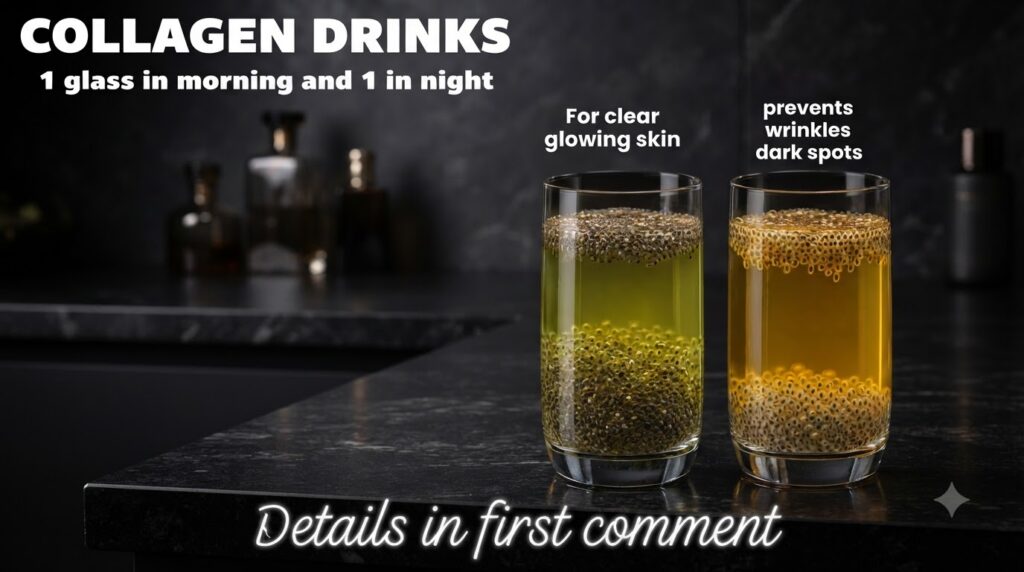 Two glasses of a vibrant collagen chia drink one green and one golden-yellow with chia seeds settled at the bottom and f
