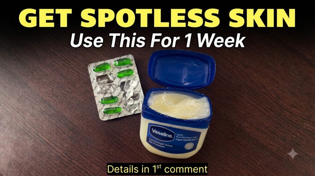 An open tub of Vaseline Petroleum Jelly and a blister pack of green Vitamin E capsules on a dark surface