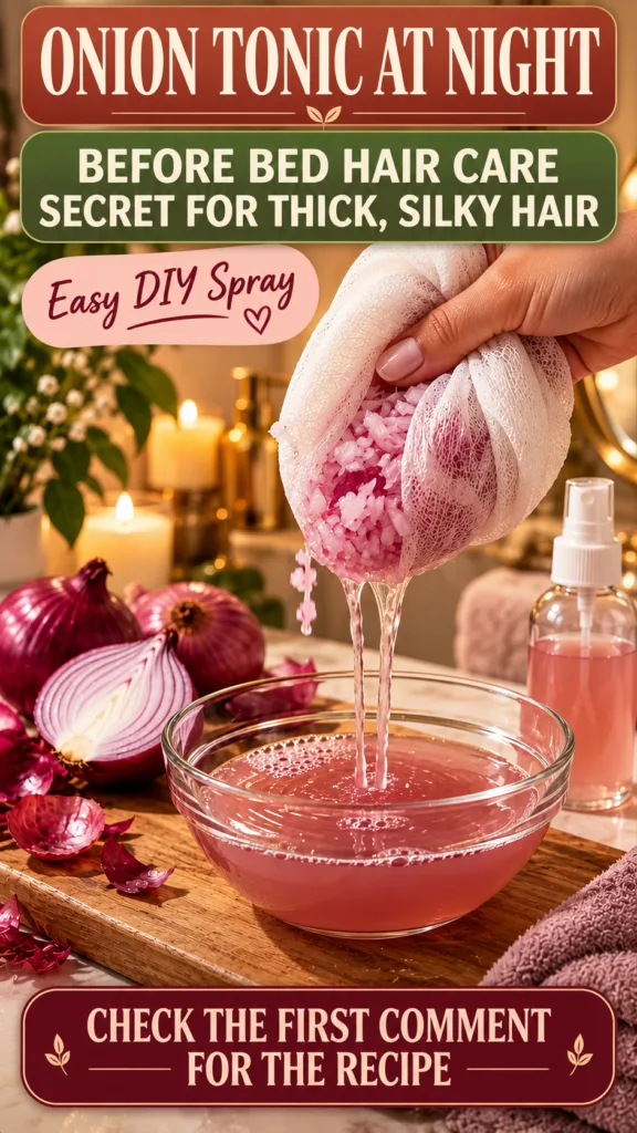 A hand gently squeezing finely chopped red onions through a mesh bag extracting pink liquid into a clear glass bowl Seve