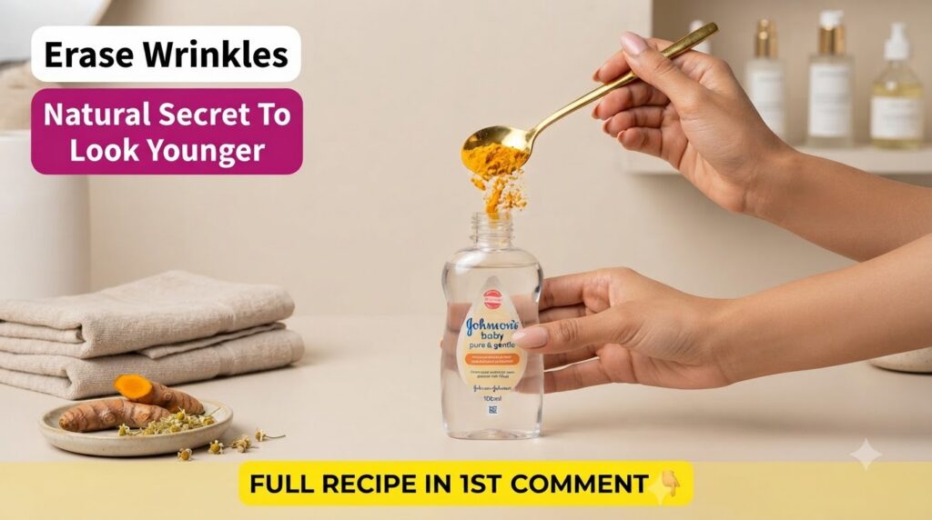 Hands pouring bright yellow turmeric powder from a golden spoon into a bottle of Johnson s baby oil against a light beig