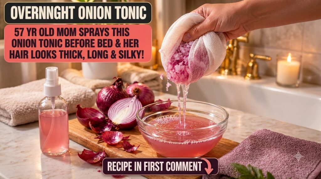 A hand squeezing a mesh bag of chopped red onions releasing pink-hued liquid into a glass bowl Surrounding elements incl