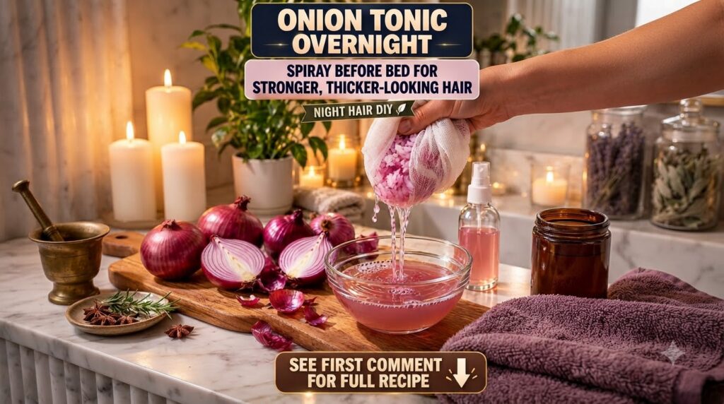 A hand squeezing chopped red onions in a mesh bag extracting pink liquid into a clear glass bowl Surrounding the bowl ar