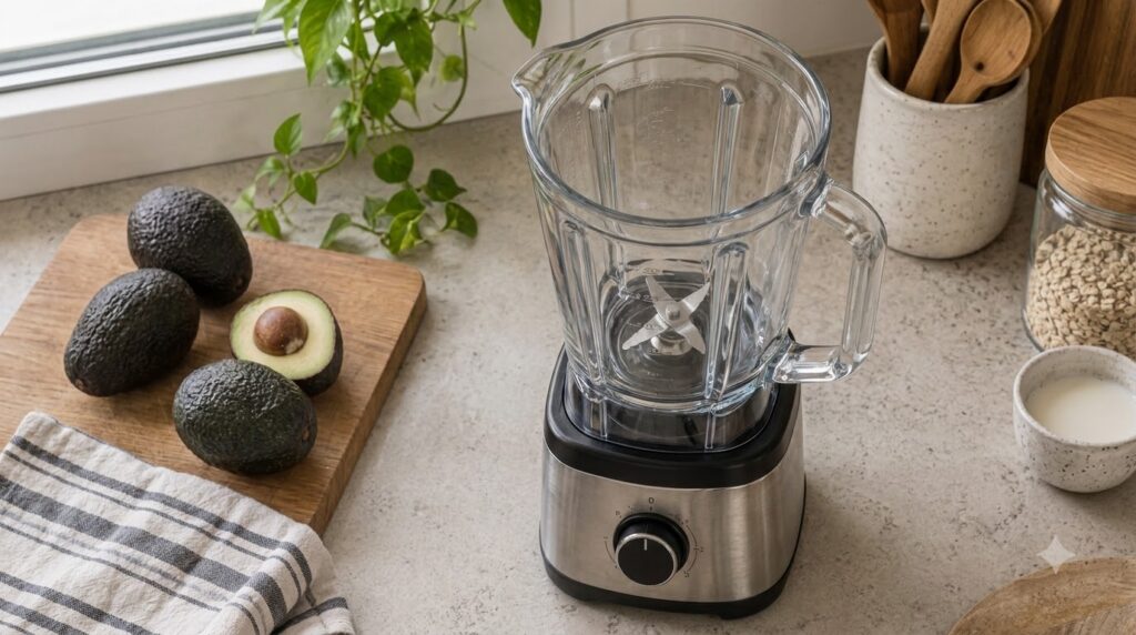 An overhead view of a kitchen counter with an empty glass blender two whole avocados and one halved avocado on a wooden 