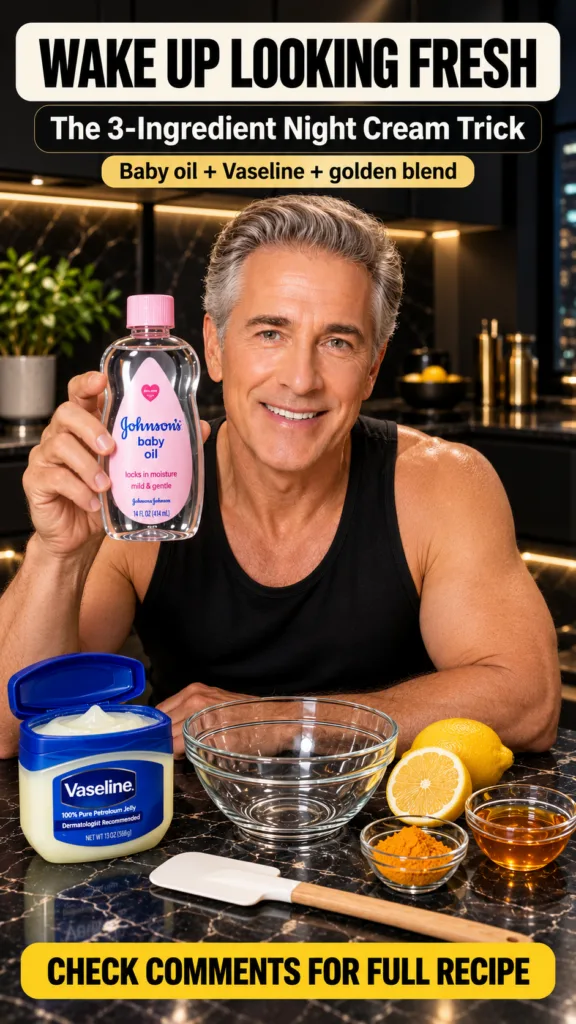 A smiling man in a black tank top holds a bottle of Johnson s baby oil On a dark marble counter in front of him are neat
